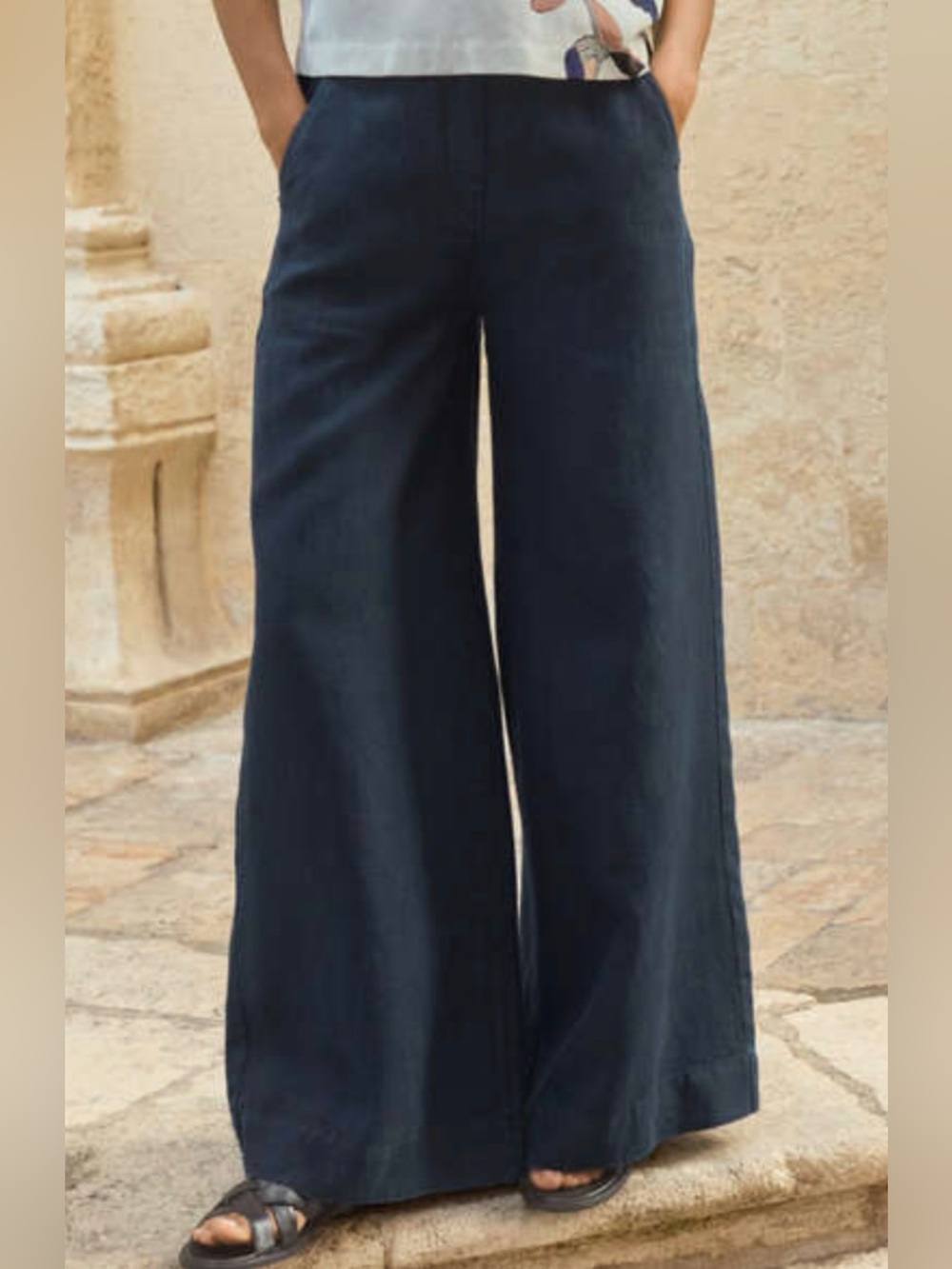 Poetry Navy Wide-Leg Linen-Blend Jeans